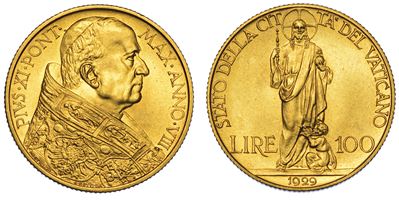 Vaticano. Pio XI, 1922-1939. 100 Lire 1929/a. VIII.