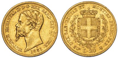 Regno di Sardegna. Vittorio Emanuele II di Savoia, 1849-1861. 20 Lire 1851. Torino.