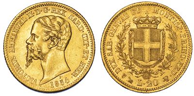 Regno di Sardegna. Vittorio Emanuele II di Savoia, 1849-1861. 20 Lire 1854. Genova.
