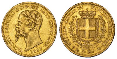 Regno di Sardegna. Vittorio Emanuele II di Savoia, 1849-1861. 20 Lire 1857. Genova.