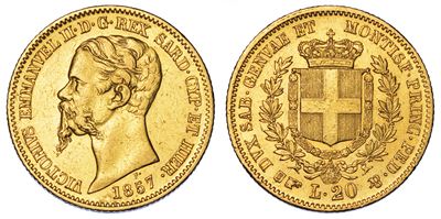 Regno di Sardegna. Vittorio Emanuele II di Savoia, 1849-1861. 20 Lire 1857. Torino.
