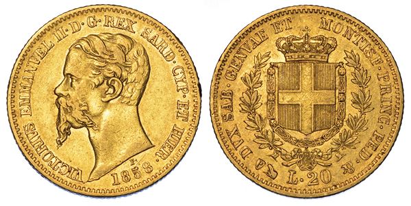 REGNO DI SARDEGNA. VITTORIO EMANUELE II DI SAVOIA, 1849-1861. 20 Lire 1858. Genova.