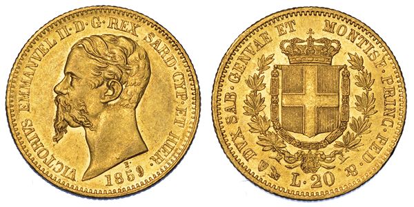 REGNO DI SARDEGNA. VITTORIO EMANUELE II DI SAVOIA, 1849-1861. 20 Lire 1859. Genova.
