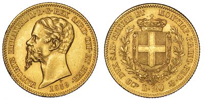 Regno di Sardegna. Vittorio Emanuele II di Savoia, 1849-1861. 20 Lire 1859. Torino.