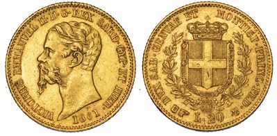 Regno di Sardegna. Vittorio Emanuele II di Savoia, 1849-1861. 20 Lire 1861. Torino.
