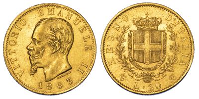 Regno D'italia. Vittorio Emanuele II di Savoia, 1861-1878. 20 Lire 1863. Torino.
