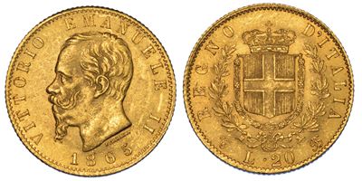 Regno D'italia. Vittorio Emanuele II di Savoia, 1861-1878. 20 Lire 1865. Torino.