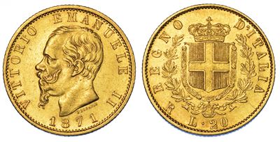 Regno D'italia. Vittorio Emanuele II di Savoia, 1861-1878. 20 Lire 1871. Roma.