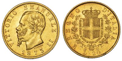 Regno D'italia. Vittorio Emanuele II di Savoia, 1861-1878. 20 Lire 1873. Roma.