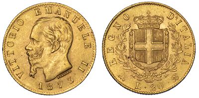 Regno D'italia. Vittorio Emanuele II di Savoia, 1861-1878. 20 Lire 1873. Milano.