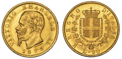 Regno D'italia. Vittorio Emanuele II di Savoia, 1861-1878. 20 Lire 1874. Roma.