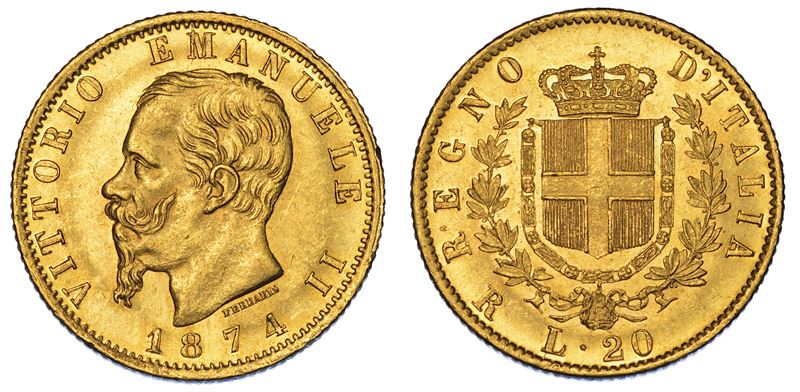 REGNO D'ITALIA. VITTORIO EMANUELE II DI SAVOIA, 1861-1878. 20 Lire 1874. Roma.  - Auction Numismatics - Cambi Casa d'Aste