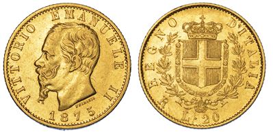 Regno D'italia. Vittorio Emanuele II di Savoia, 1861-1878. 20 Lire 1875. Roma.