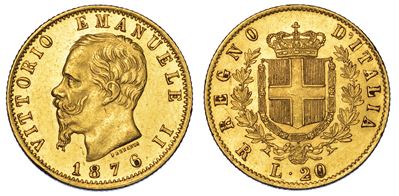 Regno D'italia. Vittorio Emanuele II di Savoia, 1861-1878. 20 Lire 1876. Roma.