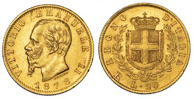 Regno D'italia. Vittorio Emanuele II di Savoia, 1861-1878. 20 Lire 1878. Roma.
