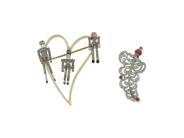 Two diamond, enamel, coral, gold and platinum brooch