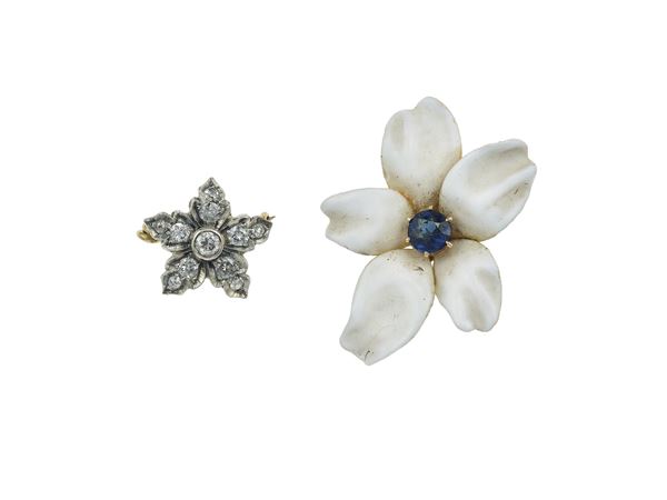 Two gold, low-karat gold, enamel, diamnd and sapphire brooch
