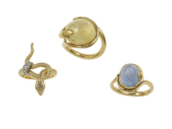 Three gold and gemstone rings