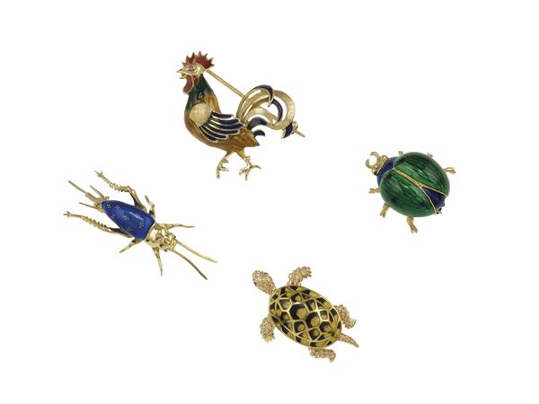Four enamel and gold brooches. Two hallmark 160AL (Lunati s.r.l. - Valenza)