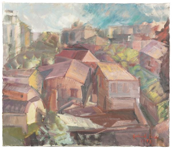 Pittore del XX secolo Veduta di paese, 1983
