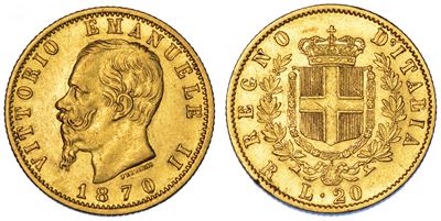 Regno D'italia. Vittorio Emanuele II di Savoia, 1861-1878. 20 Lire 1870. Roma.