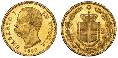 Regno D'italia. Umberto i di Savoia, 1878-1900. 20 Lire 1882.