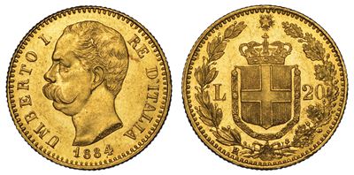 Regno D'italia. Umberto i di Savoia, 1878-1900. 20 Lire 1884.