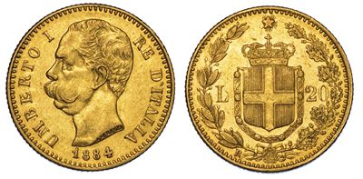 Regno D'italia. Umberto i di Savoia, 1878-1900. 20 Lire 1884.