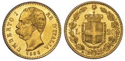 Regno D'italia. Umberto i di Savoia, 1878-1900. 20 Lire 1886.