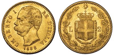 Regno D'italia. Umberto i di Savoia, 1878-1900. 20 Lire 1888.