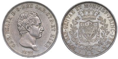 Regno di Sardegna. Carlo Felice di Savoia, 1821-1831. 5 Lire 1829. Torino.