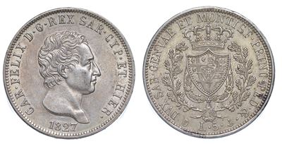 Regno di Sardegna. Carlo Felice di Savoia, 1821-1831. 5 Lire 1827. Genova.
