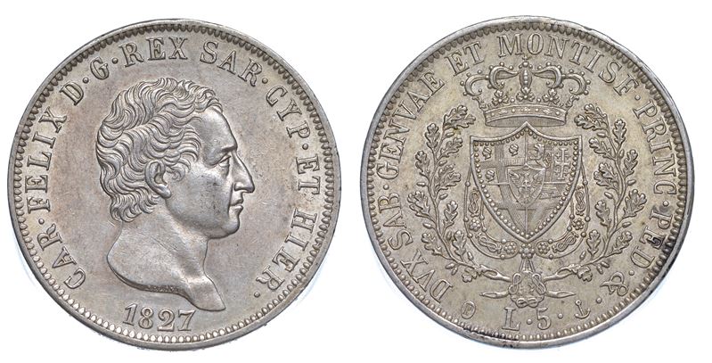 REGNO DI SARDEGNA. CARLO FELICE DI SAVOIA, 1821-1831. 5 Lire 1827. Genova.  - Asta Numismatica - Cambi Casa d'Aste