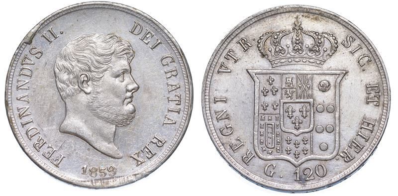 NAPOLI. FERDINANDO II DI BORBONE, 1830-1859. Piastra da 120 Grana 1859.  - Auction Numismatics - Cambi Casa d'Aste