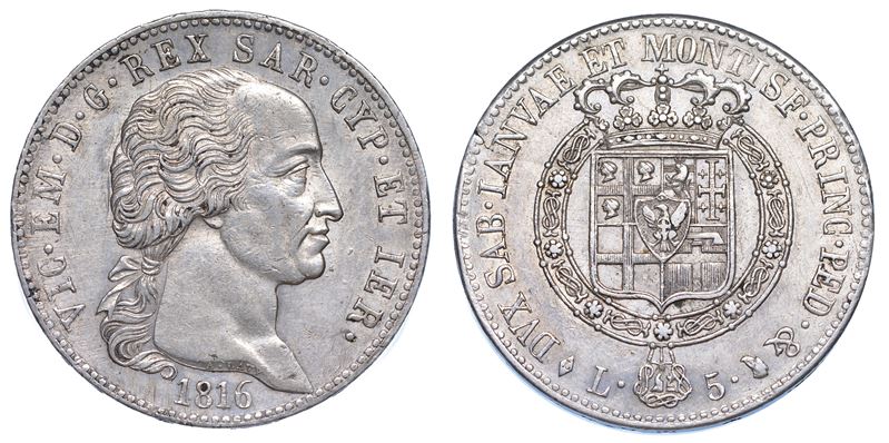 REGNO DI SARDEGNA. VITTORIO EMANUELE I DI SAVOIA, 1802-1821. 5 Lire 1816. Torino  - Auction Numismatics - Cambi Casa d'Aste