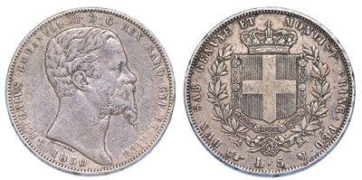 Regno di Sardegna. Vittorio Emanuele II di Savoia, 1849-1861. 5 Lire 1850. Torino.