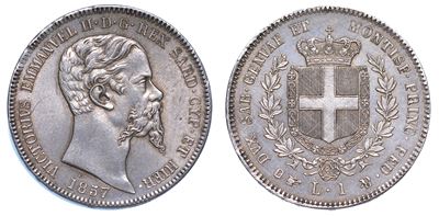 Regno di Sardegna. Vittorio Emanuele II di Savoia, 1849-1861. Lira 1857. Torino.