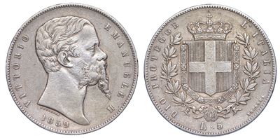 Re Eletto. Vittorio Emanuele II di Savoia, 1859-1861. 5 Lire 1859. Bologna.