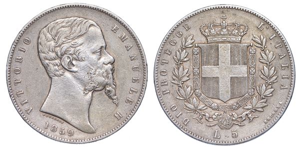 RE ELETTO. VITTORIO EMANUELE II DI SAVOIA, 1859-1861. 5 Lire 1859. Bologna.