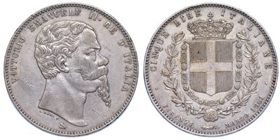 Regno D'italia. Vittorio Emanuele II di Savoia, 1861-1878 5 Lire 1861. Firenze.