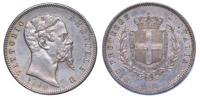 Re Eletto. Vittorio Emanuele II di Savoia, 1859-1861. 2 Lire 1860. Bologna.