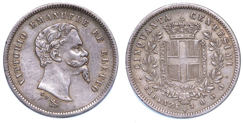 RE ELETTO. VITTORIO EMANUELE II DI SAVOIA, 1859-1861. 50 Centesimi 1860. Firenze.  - Auction Numismatics - Cambi Casa d'Aste