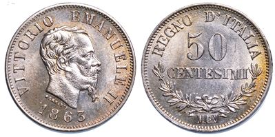 Regno D’italia. Vittorio Emanuele II di Savoia, 1861-1878. 50 Centesimi 1863. Milano.