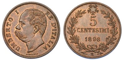 Regno D’italia. Umberto i di Savoia, 1878-1900. 5 Centesimi 1896.