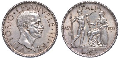 Regno D’italia. Vittorio Emanuele III di Savoia, 1900-1946. 20 Lire 1928/vi. Littore.