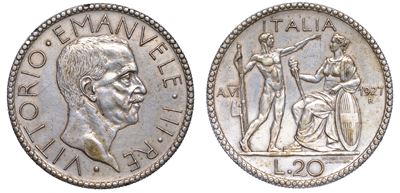 Regno D’italia. Vittorio Emanuele III di Savoia, 1900-1946. 20 Lire 1927/vi. Littore.