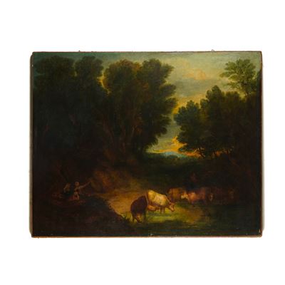 Scuola del XVIII/XIX secolo, Paesaggio con pastorelle e armenti, olio su tela