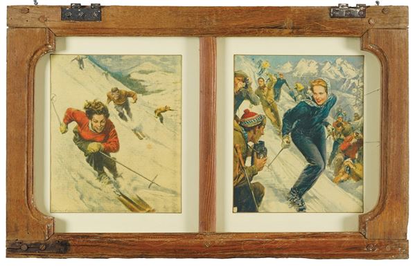 Anta in legno con scene di sciatori