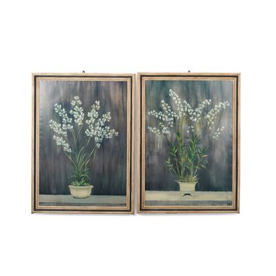 Vaso di fiori, coppia di dipinti ad olio su tela