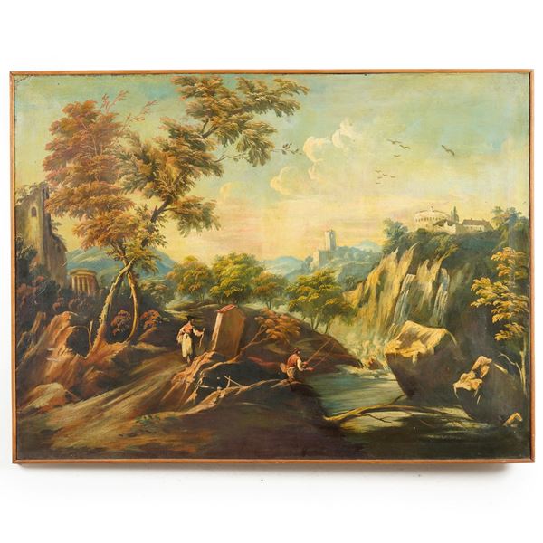 Scuola veneta del XVIII/XIX secolo Paesaggio fluviale con contadini